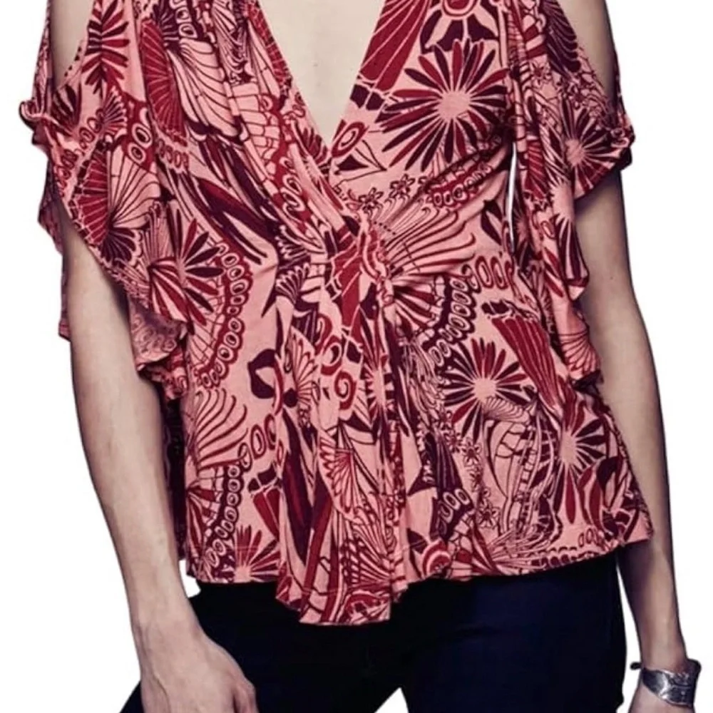 NWT Free People Open Sleeve Floral V-Neck Top Coral Combo Sz L